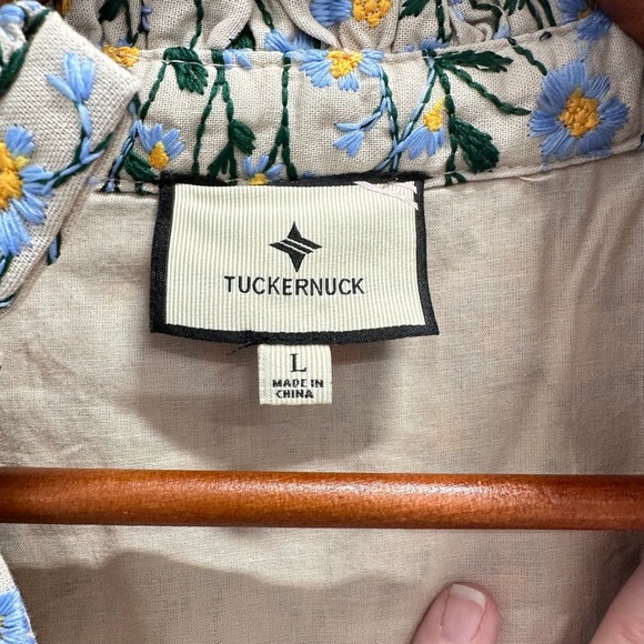 Tuckernuck Women Sz L Palmerson Dress Blue Floral Embroidered Ruffle Babydoll - Picture 3 of 9